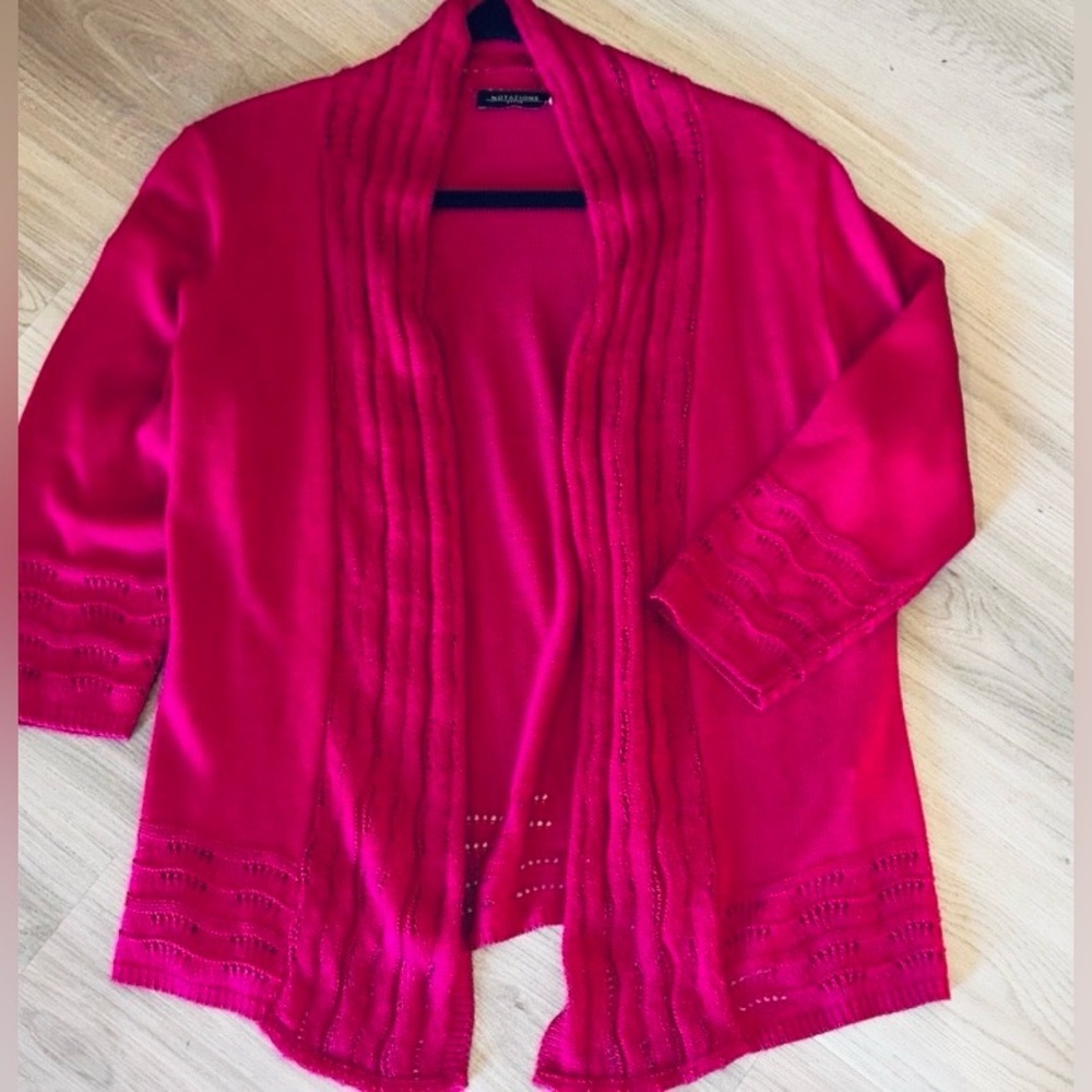 Notations Women's Open Cardigan Sweater PL Raspberry Pink Crochet Casual